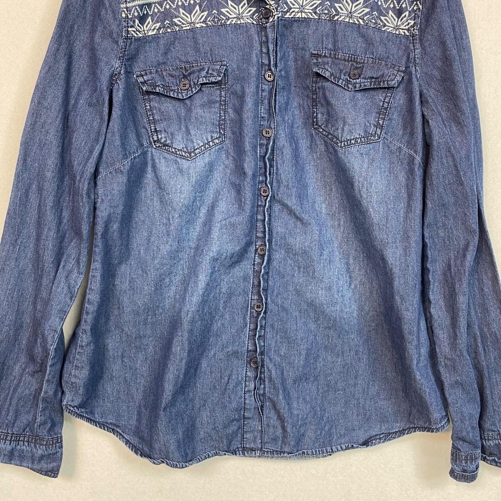 Ci Sono Women L Button Up Shirt Blue Snowflake Print Denim Western Long Sleeve - Picture 3 of 15